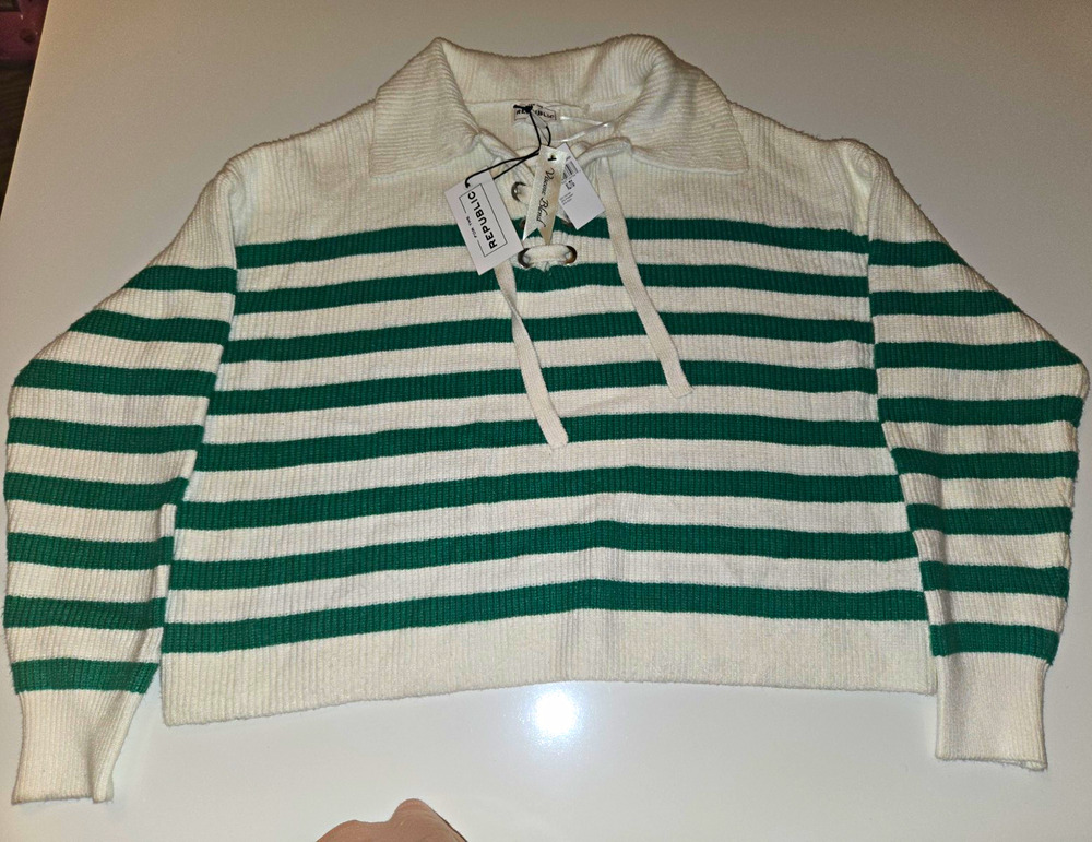 For The Republic Womens XL Sweater Green White Striped Lace Up Collared NWT